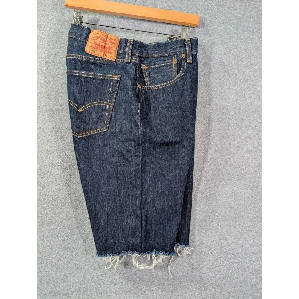 Levis 501 Cut Off Shorts Mens 36 Blue Button Fly Denim Jeans Dark Wash Frayed